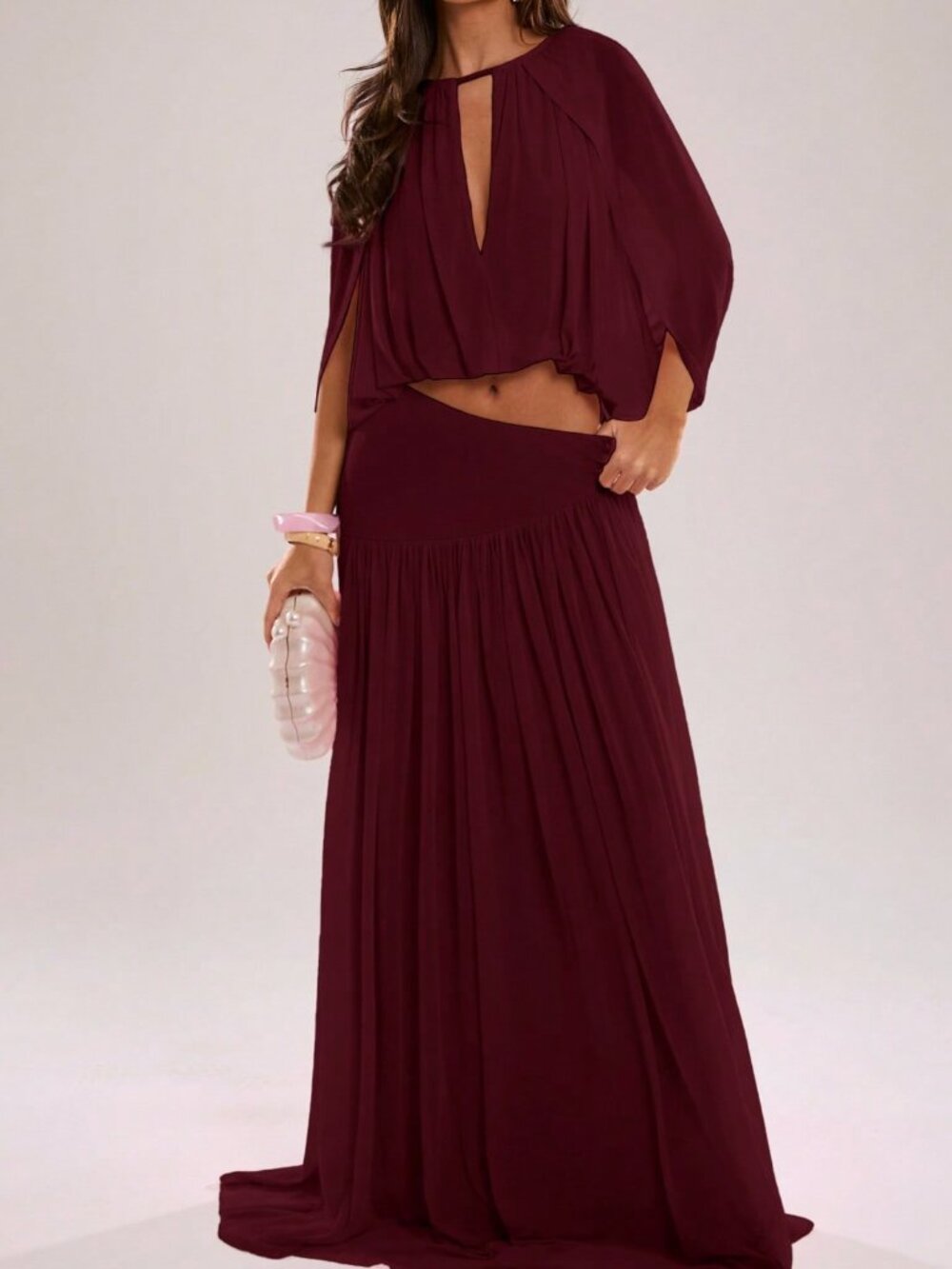 Burgundy Elegant Women's Casual Vacation Layered Ruffle - Picture 6 of 7